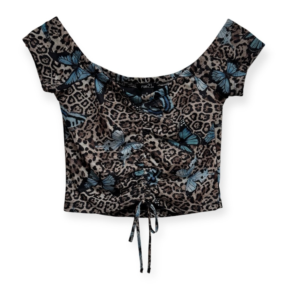 Rue 21 Y2K Leopard Butterfly Print Ruched Front Crop Top Medium